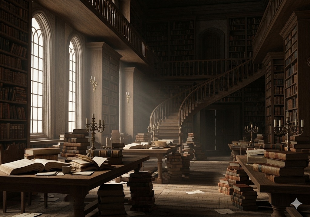 Antica libreria carica di libri, simbolo della conoscenza e della narrazione.