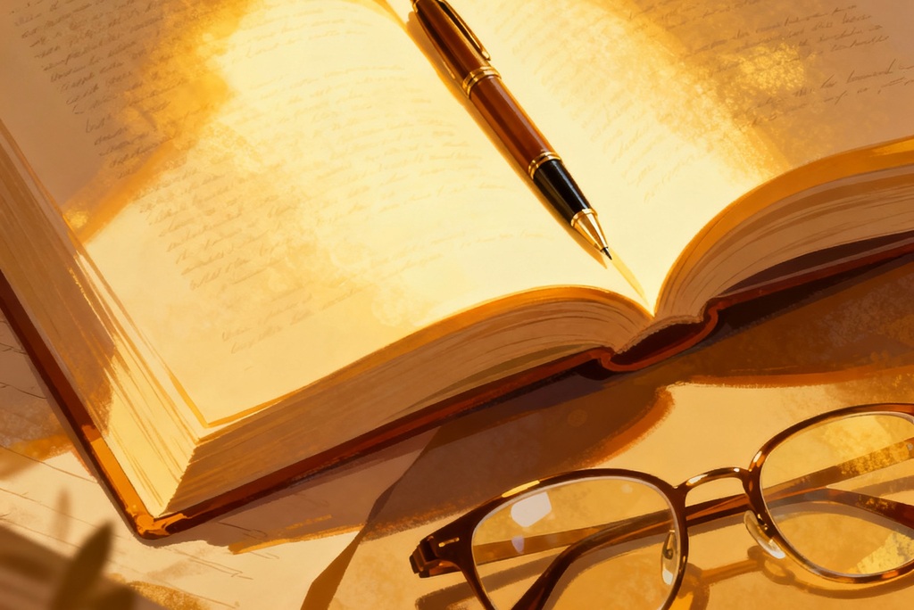 Libro aperto con pagine luminose, penna e occhiali, simbolo per autori e scrittura