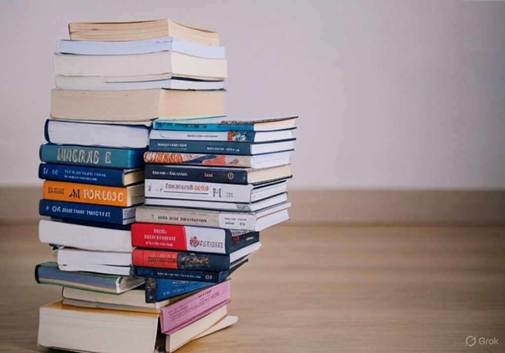 Una pila di libri colorati su una superficie di legno contro uno sfondo chiaro