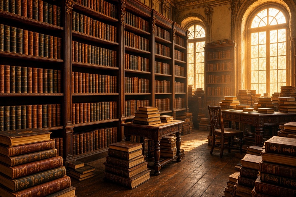 Antica libreria carica di libri, simbolo della conoscenza e della narrazione.